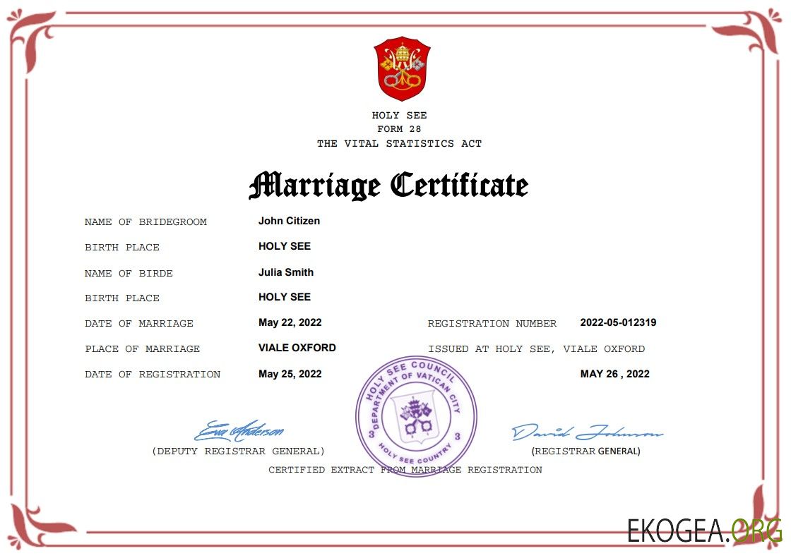 Modèle Word et PDF d'acte de mariage du Saint Siège